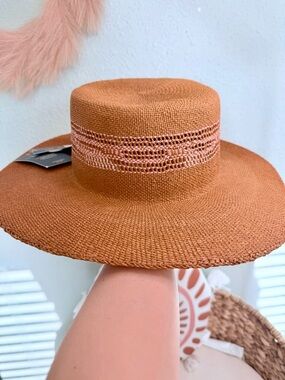 Universal Thread Brown Straw Boater Hat with Pink Crochet Band